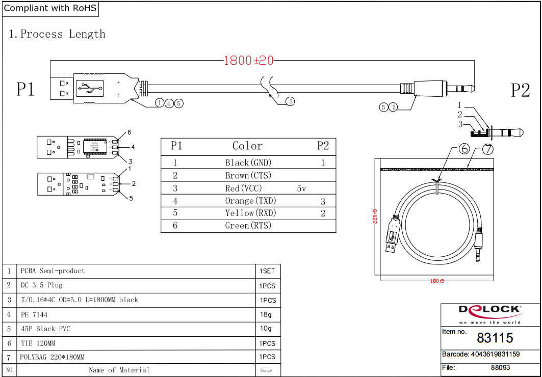 Kabel Usb 2.0(Am)->Serial TTL 3.5mm Jack 5V 1.8m Delock