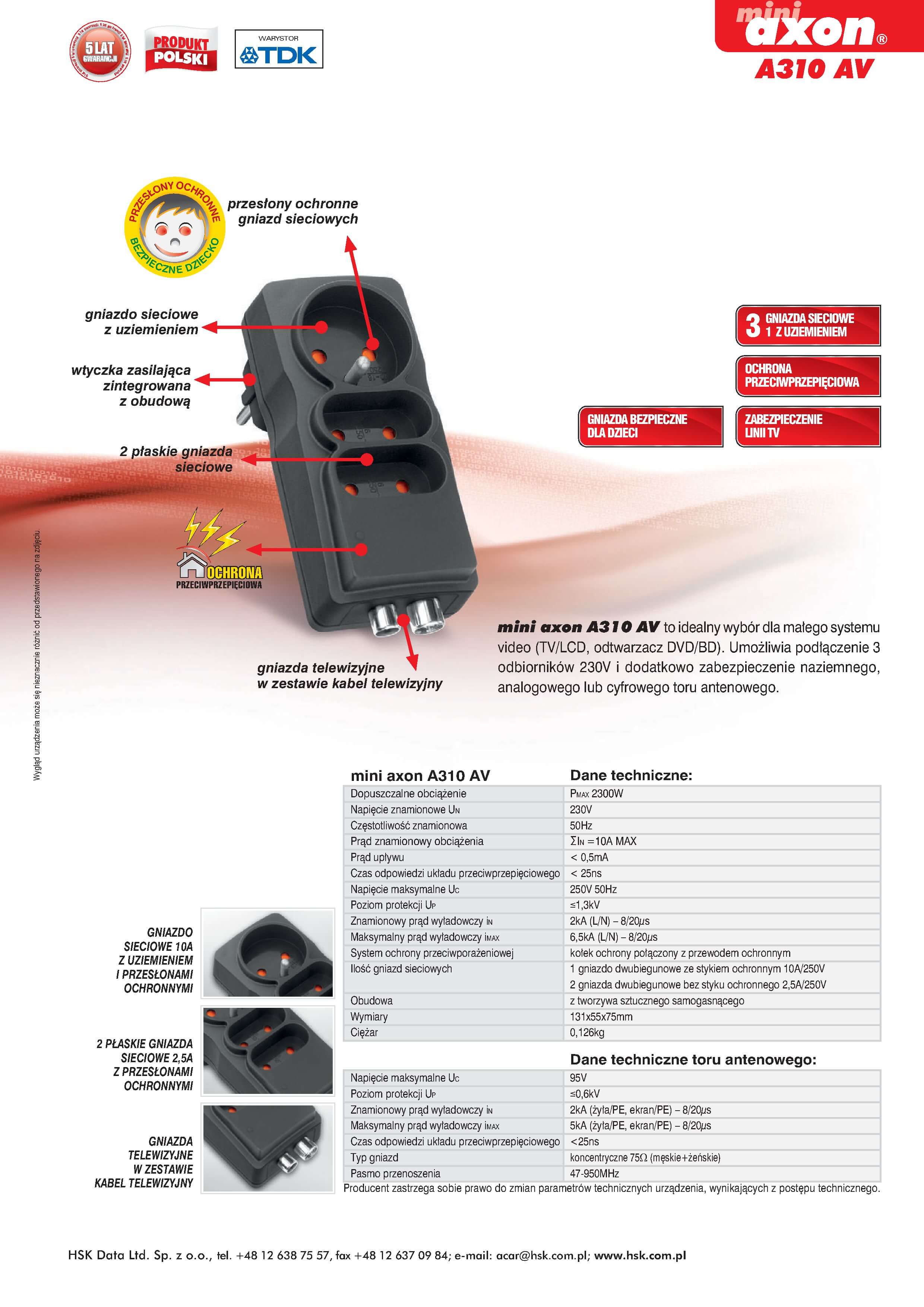 Listwa Zasilająca Acar Mini Axon A310 Czarny 2 Gniazda