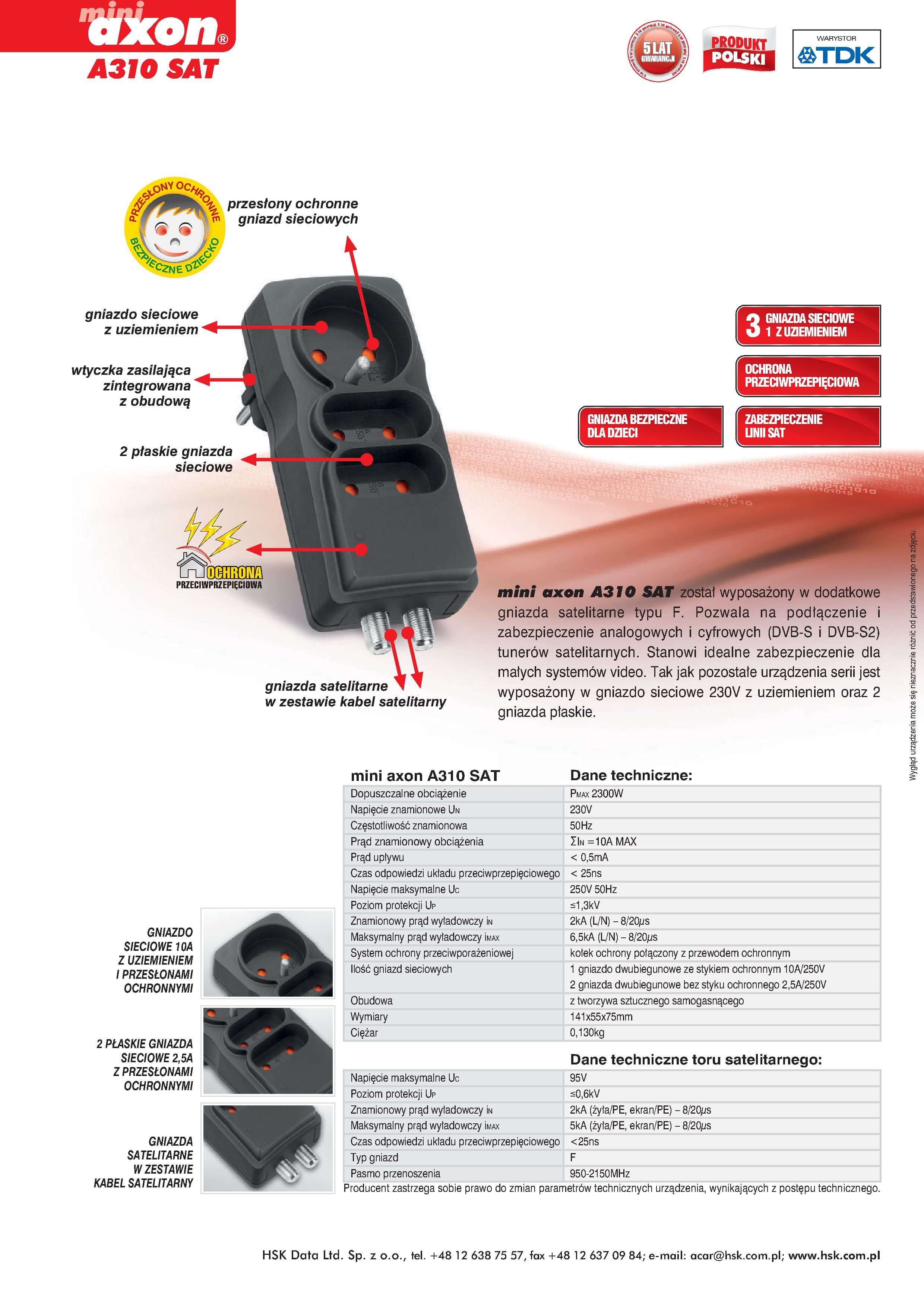 Listwa Zasilająca Acar Mini Axon A310 Sat Czarny 2 Gniazda