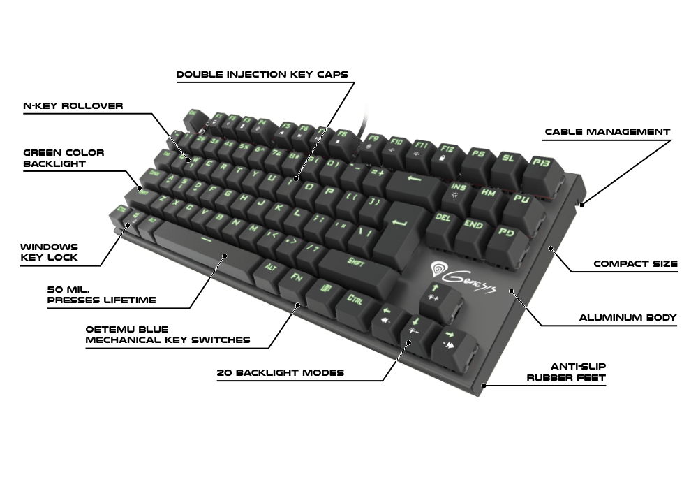 Klawiatura Mechaniczna Genesis Thor 300 Tkl Us, Zielone Podświetlenie, Przełączniki Outemu Blue