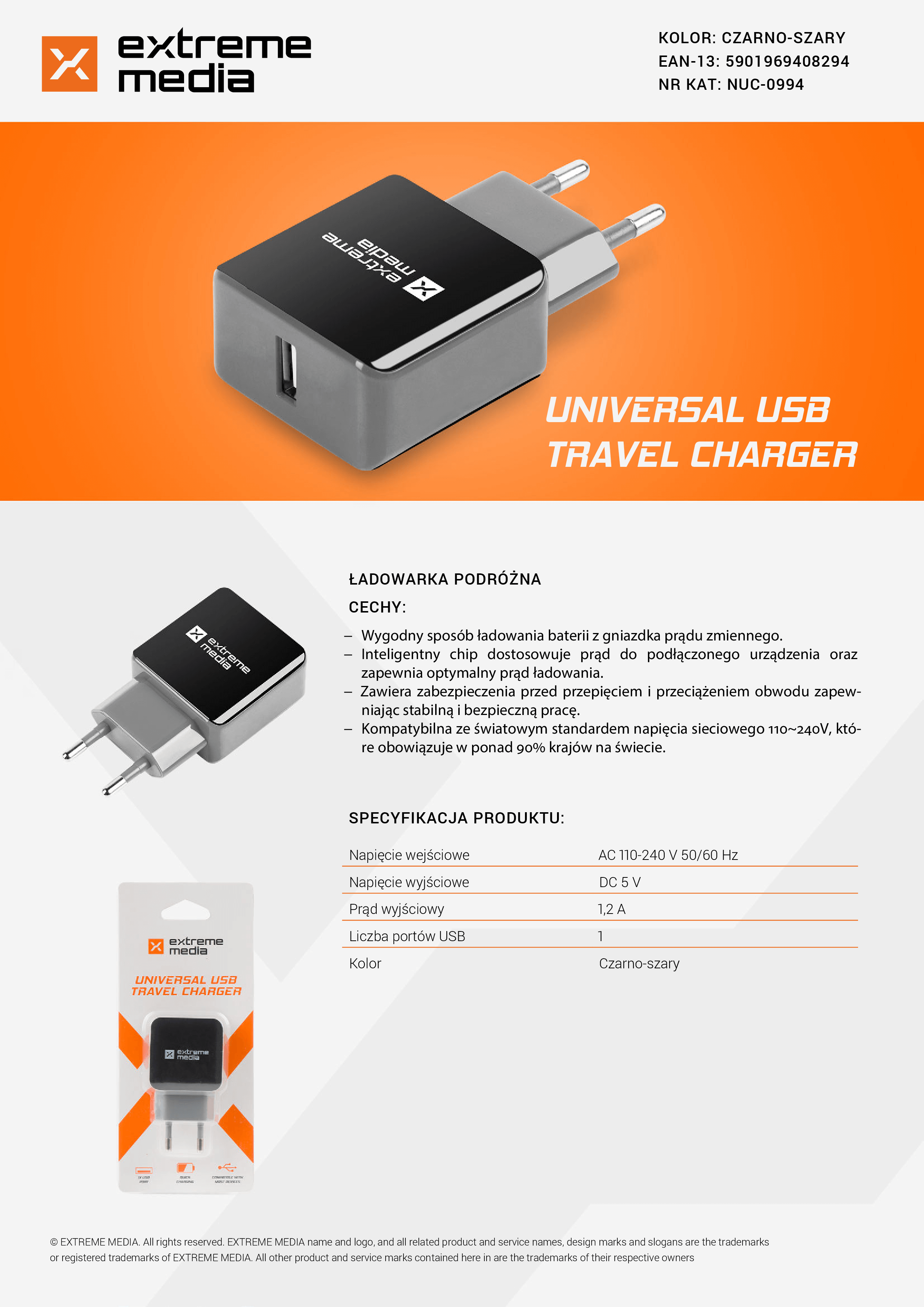 Ładowarka Adapter Napięcia 230v->USB 5V/1,2A 1-Port Czarno-Szara Blister Extreme Media