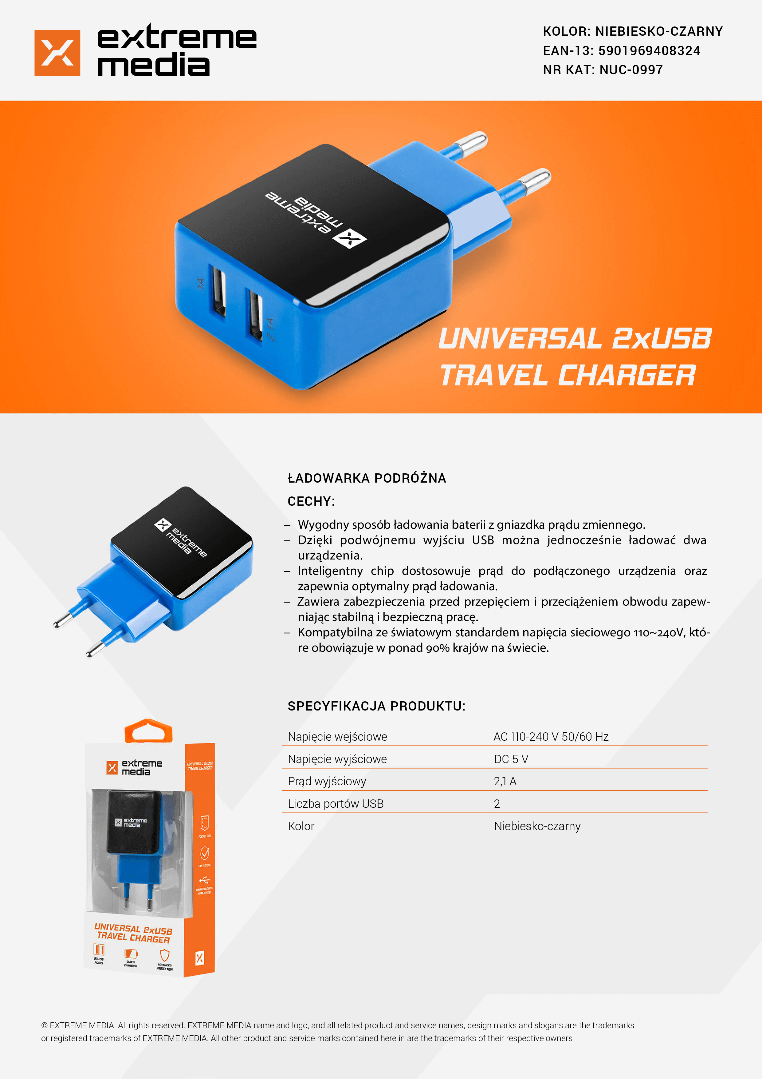 Ładowarka Adapter Napięcia 230v->USB 5V/2,1A 2-Porty Czarno-Szara Blister Extreme Media