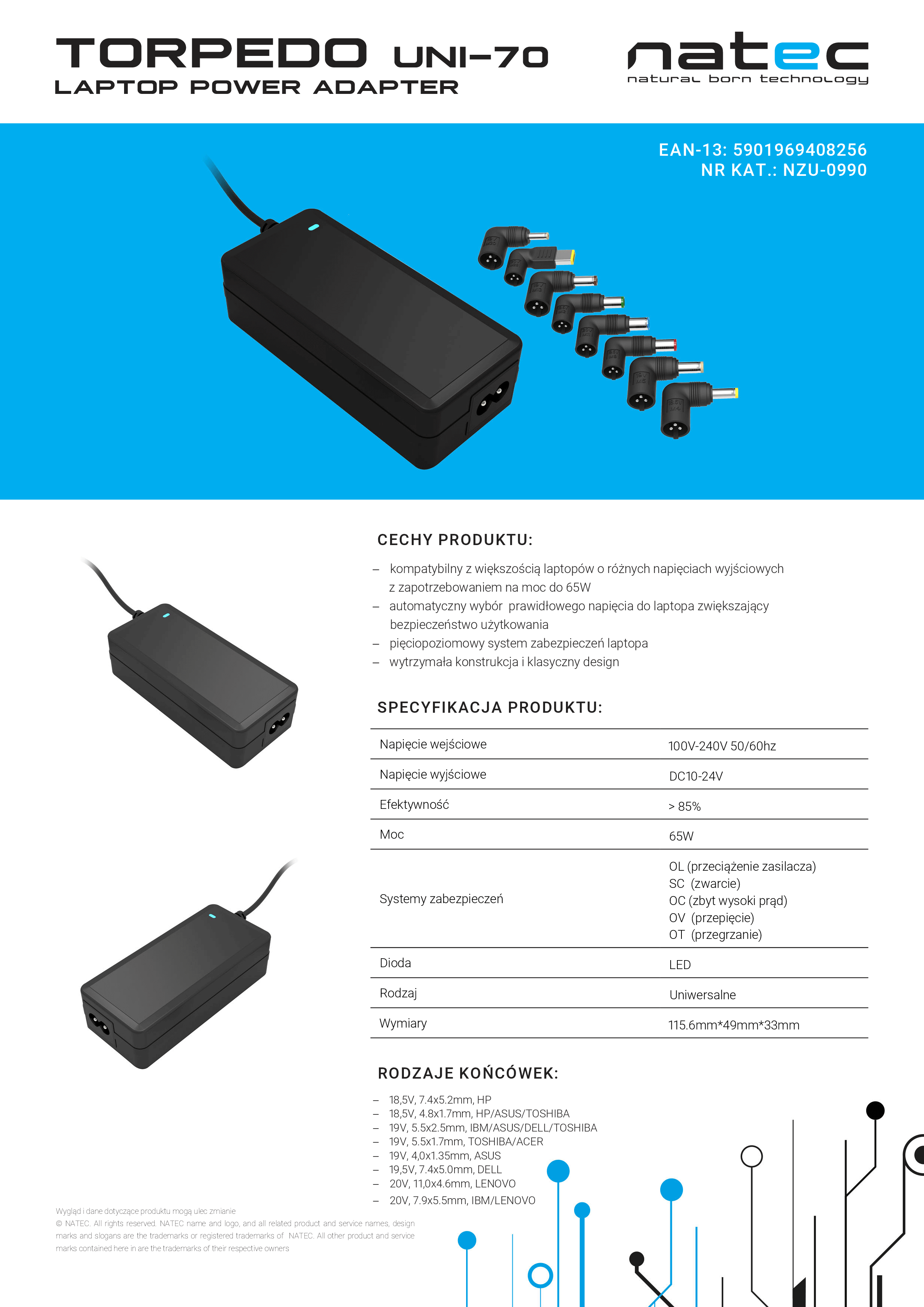 Zasilacz Laptop UNIwersalny Natec Torpedo UNI-70