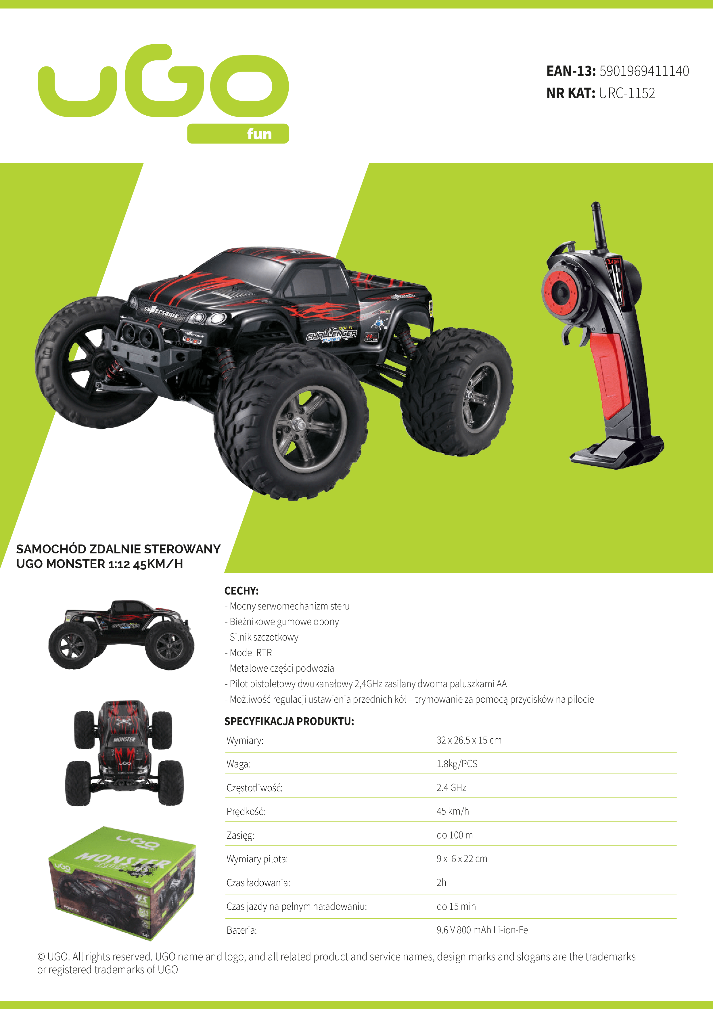 Samochód Zdalnie Sterowany Ugo Monster 1:12 45km/h cechy