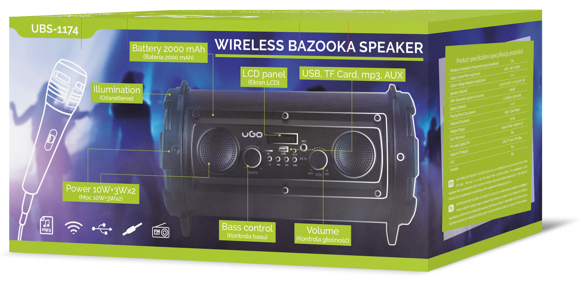 Głośnik Bezprzewodowy Ugo Bazooka Karaoke Bluetooth USB, TF, AUX, FM Czarny Z Mikrofonem opakowanie 2