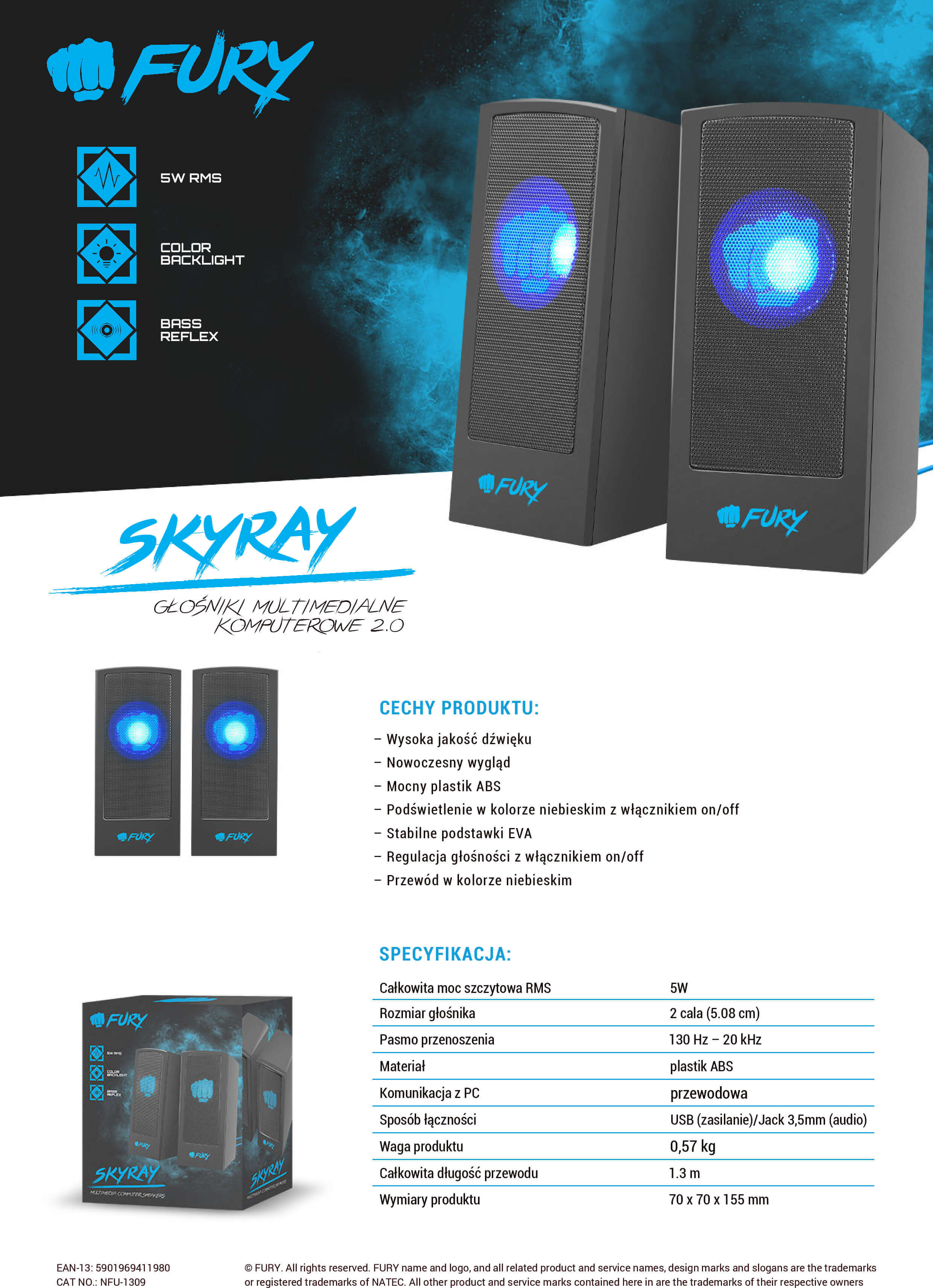 Głośnik Fury Skyray 5W USB NFU-1309