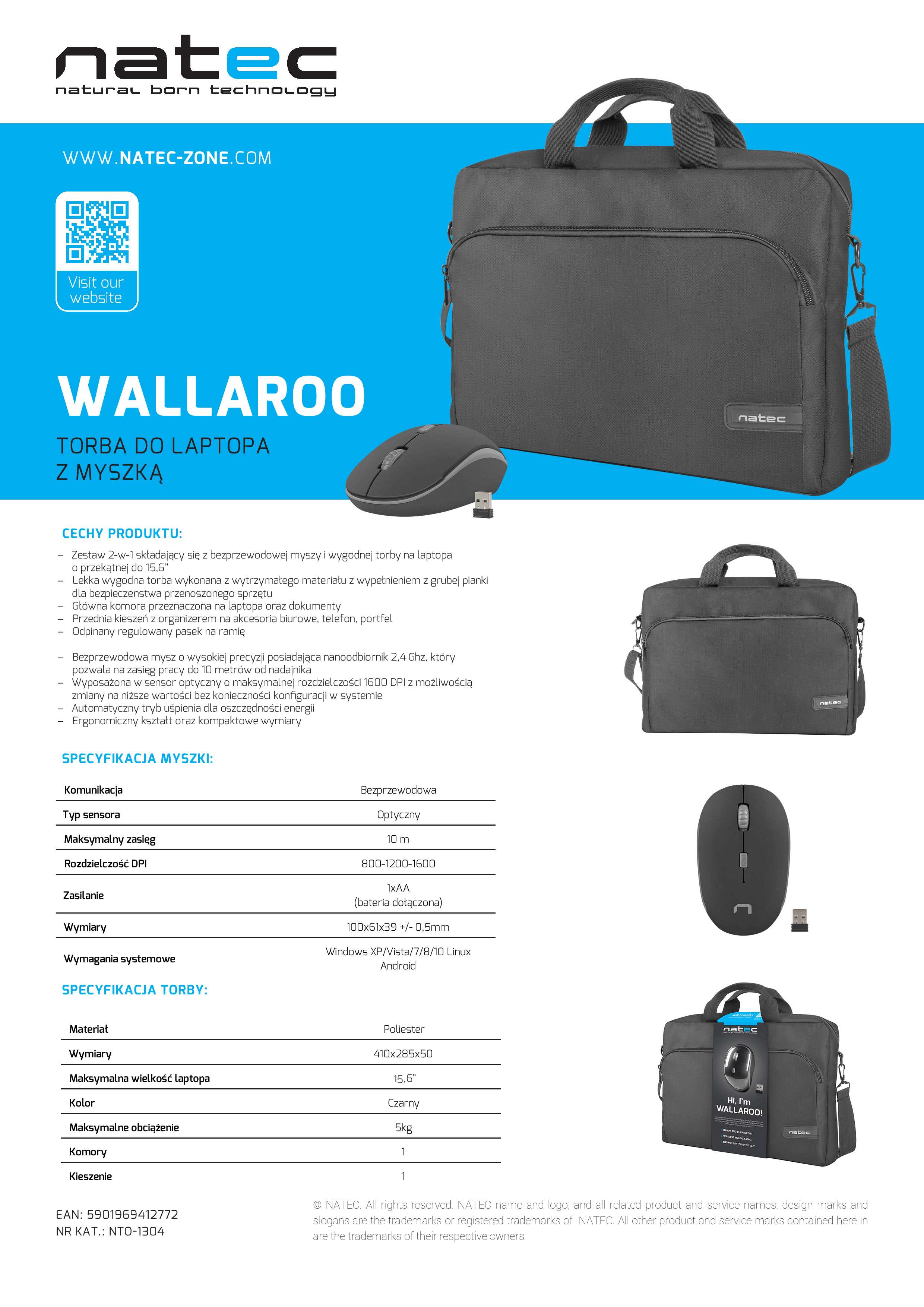 Torba Do Laptopa Natec Wallaroo 15.6" Czarna Z Myszką Bezprzewodową Czarną NTO-1304