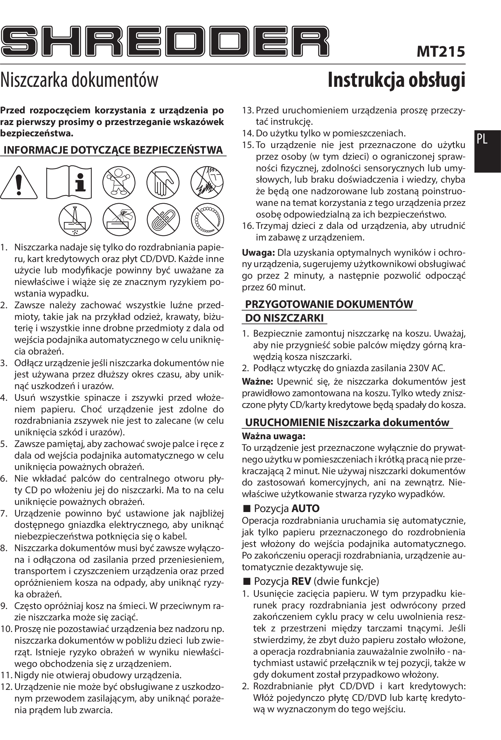 Instrukcja obsługi SHREDDER MT215: 1