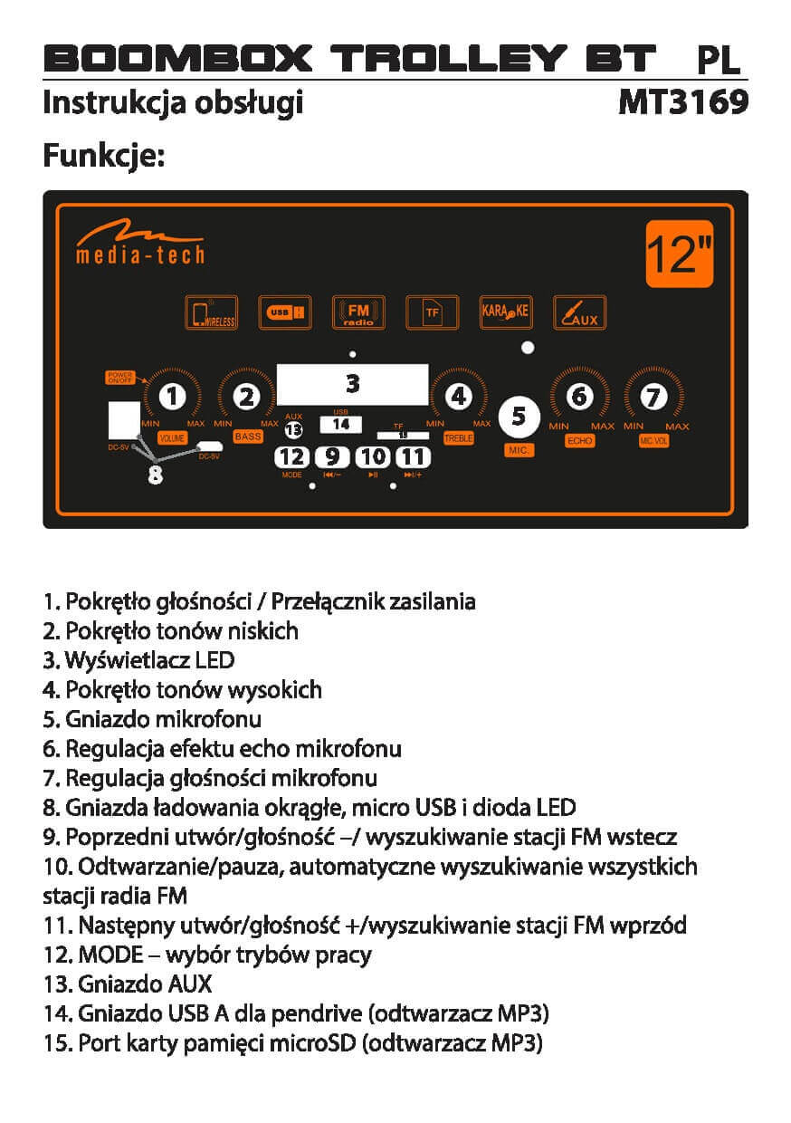 Głośnik MT3169 Boombox Trolley Bt Walizkowy, RMS 50W, FM, MP3, Karaoke MT3169 1