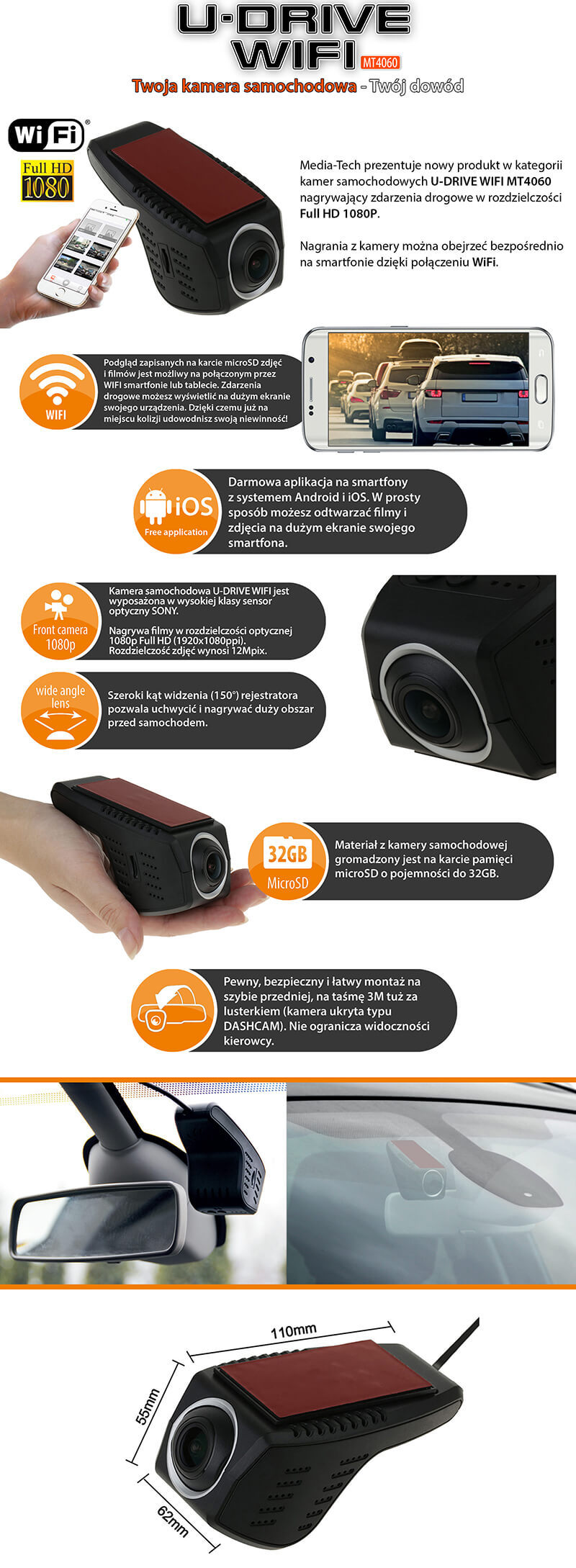 U-DRIVE WIFI MT4060 - kamera „dashcam”