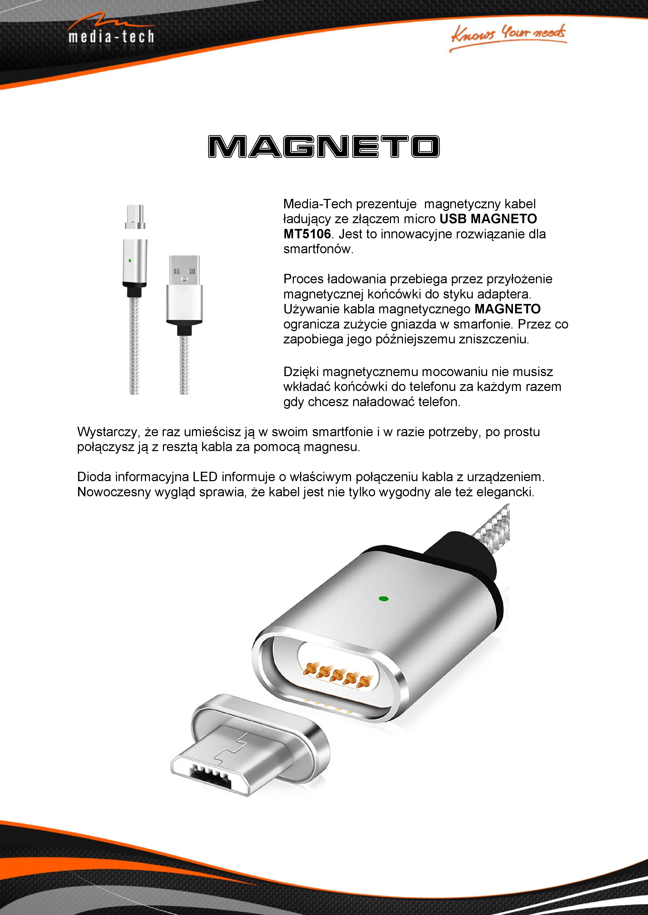 MAGNETO - Przewód połączeniowy micro USB do urządzeń mobilnych z magnetycznie podłączaną końcówką. Chroni port micro USB w urządzeniu. MT5106 opis1