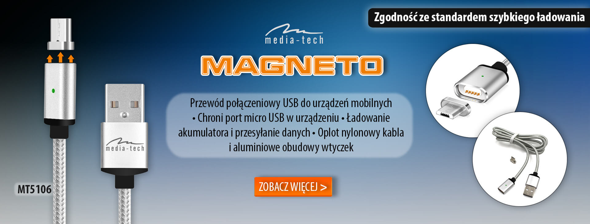 MAGNETO - Przewód połączeniowy micro USB do urządzeń mobilnych z magnetycznie podłączaną końcówką. Chroni port micro USB w urządzeniu. MT5106