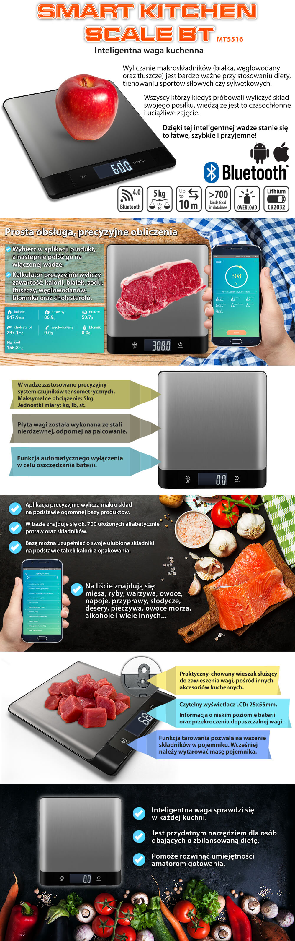 MT5516 SMART KITCHEN SCALE BT Inteligentna waga kuchenna Bt 4.0. IOS, Android. Kalkulacja makroskładników