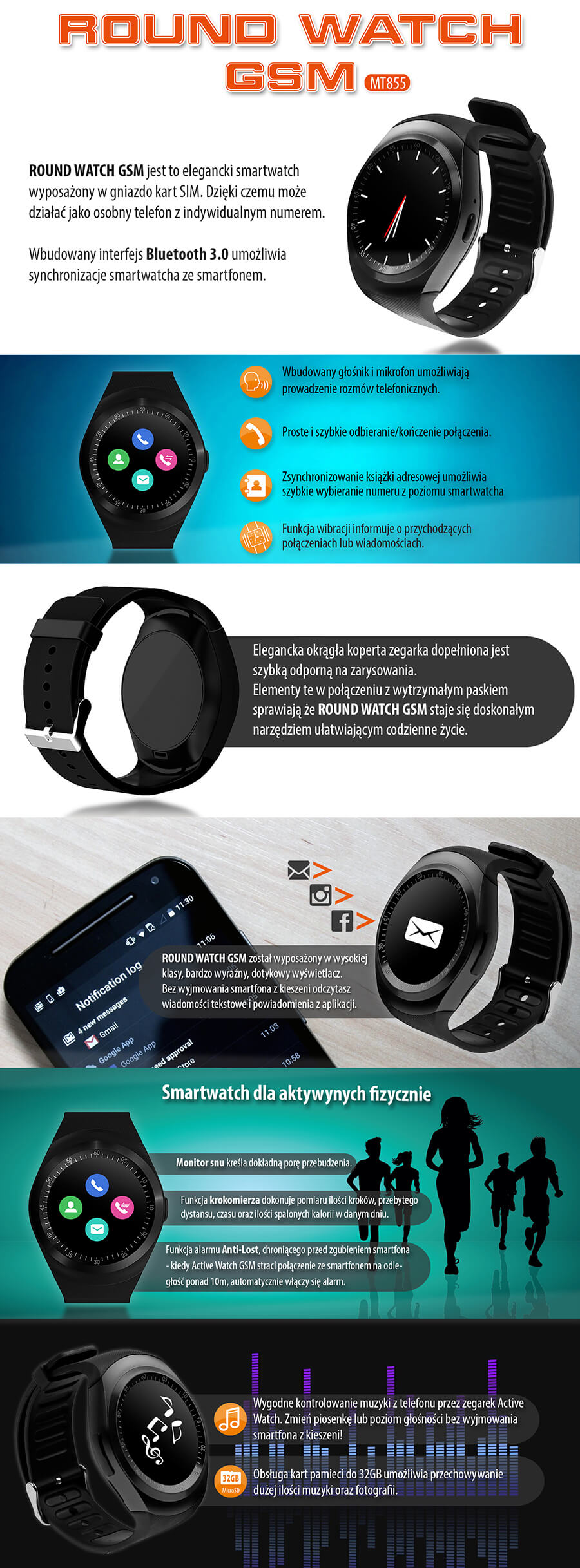 MT855 ROUND WATCH GSM Zegarek Smartwatch, telefon GSM