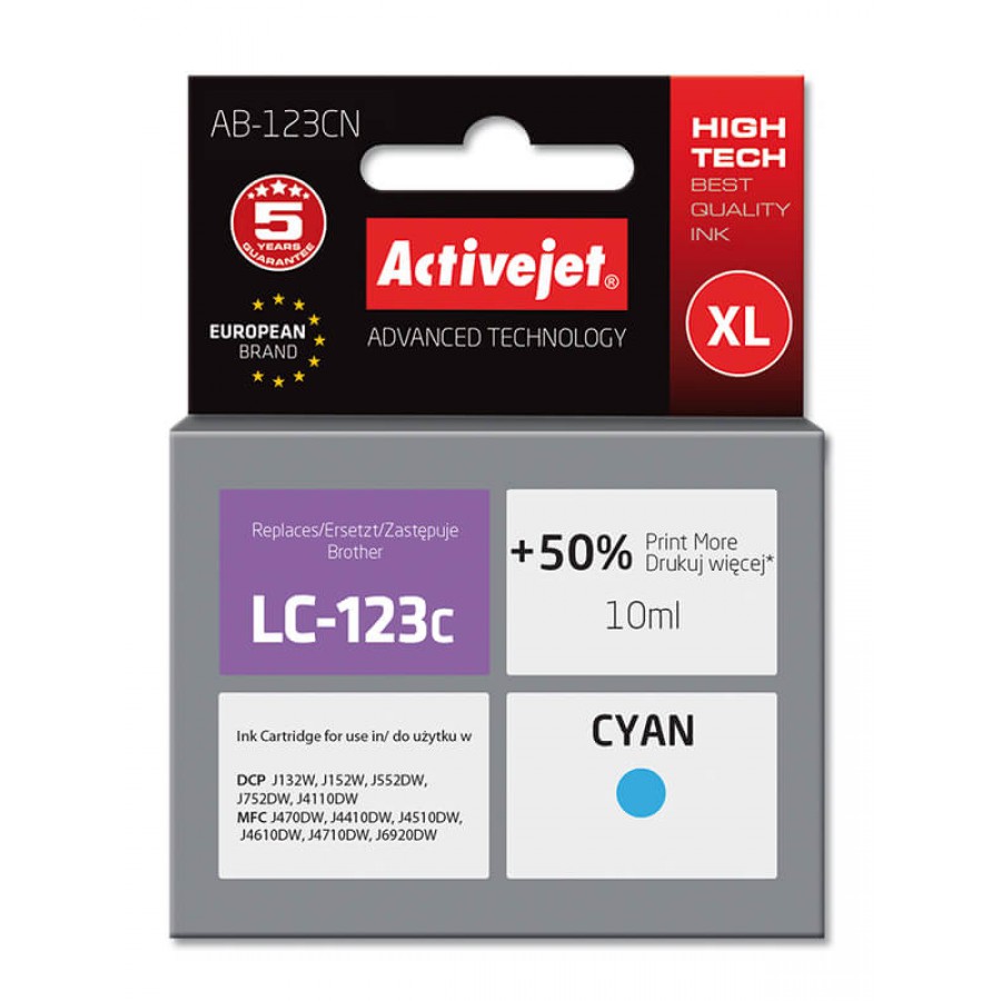 Activejet AB-123cn Tusz Cyan Do Drukarki Brother Zamiennik Brother Lc123c 10ml