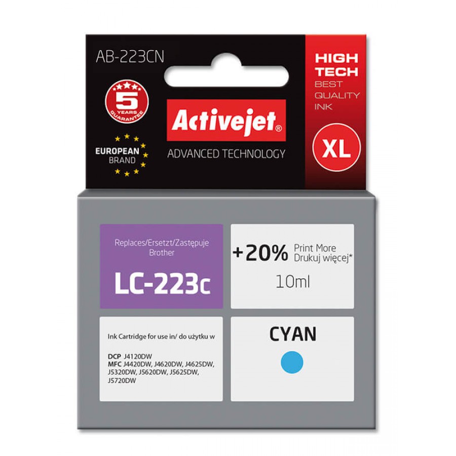 Activejet AB-223cn Tusz Cyan Do Drukarki Brother Zamiennik LC223c 10ml