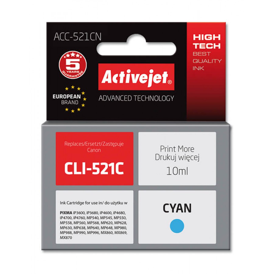 ActiveJet ACC-521CN tusz cyan do drukarki Canon zamiennik Canon CLIC-521C CHIP 10ml