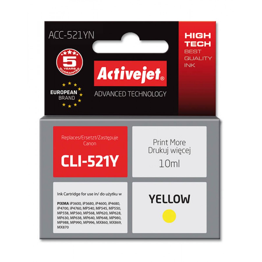 ActiveJet ACC-521YN tusz żółty do drukarki Canon zamiennik Canon CLIC-521Y CHIP 10ml