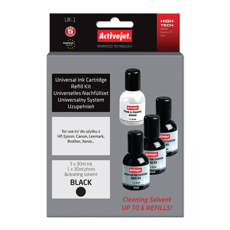 ActiveJet UK-1 czarny, uniwersalny system uzupełnień 3x30ml + płyn do czyszczenia głowicy 1x30ml