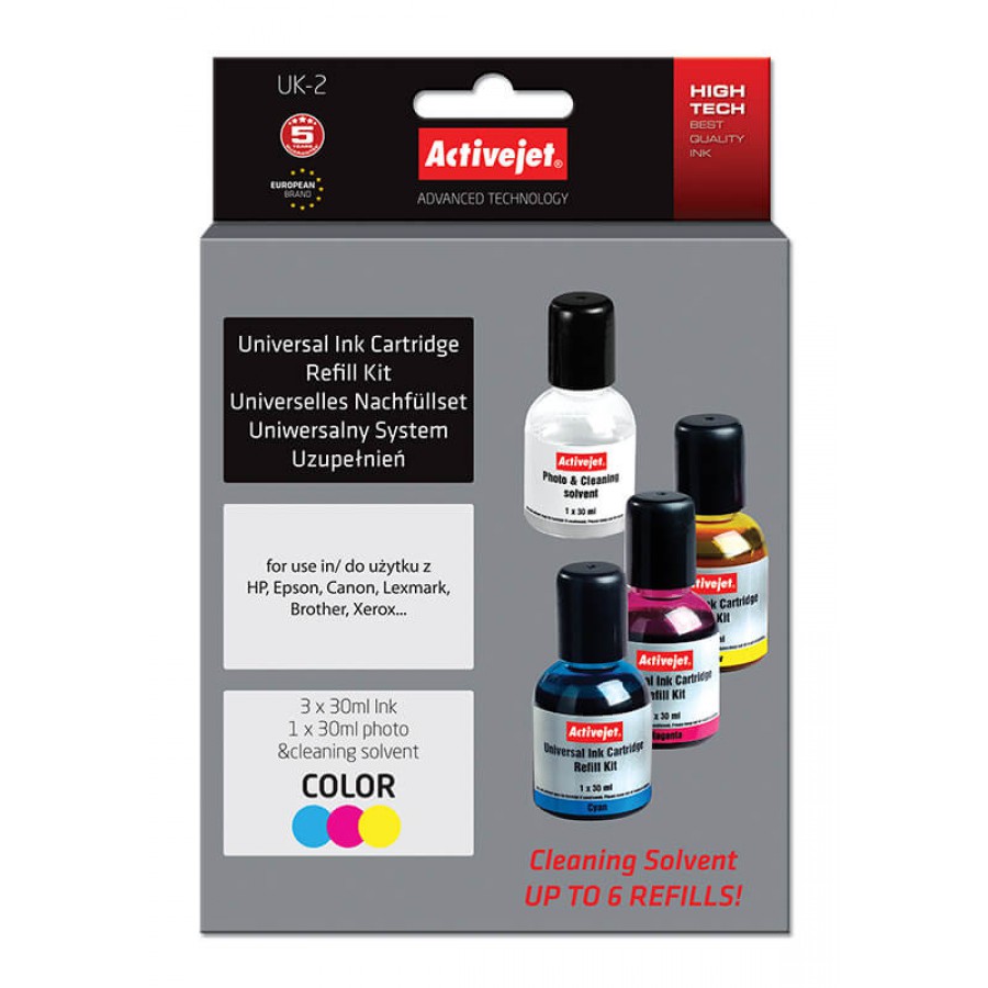 ActiveJet UK-2 kolorowy, uniwersalny system uzupełnień 3x30ml + płyn do czyszczenia głowicy 1x30ml