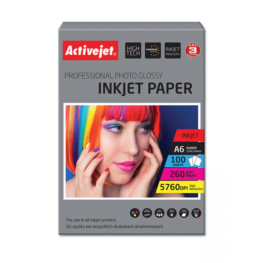 AP6-260GR200 Activejet Papier fotograficzny błyszczący żywicą powlekany A6 200szt 260g