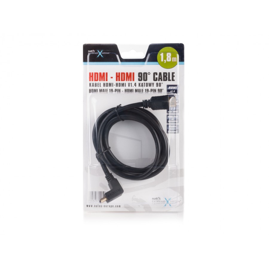 Kabel HDMI-HDMI V1.4 Lan Kątowy 90° 1.8m Natec Extreme Media V1.4 Lan Tv. Pozłacane Wtyki