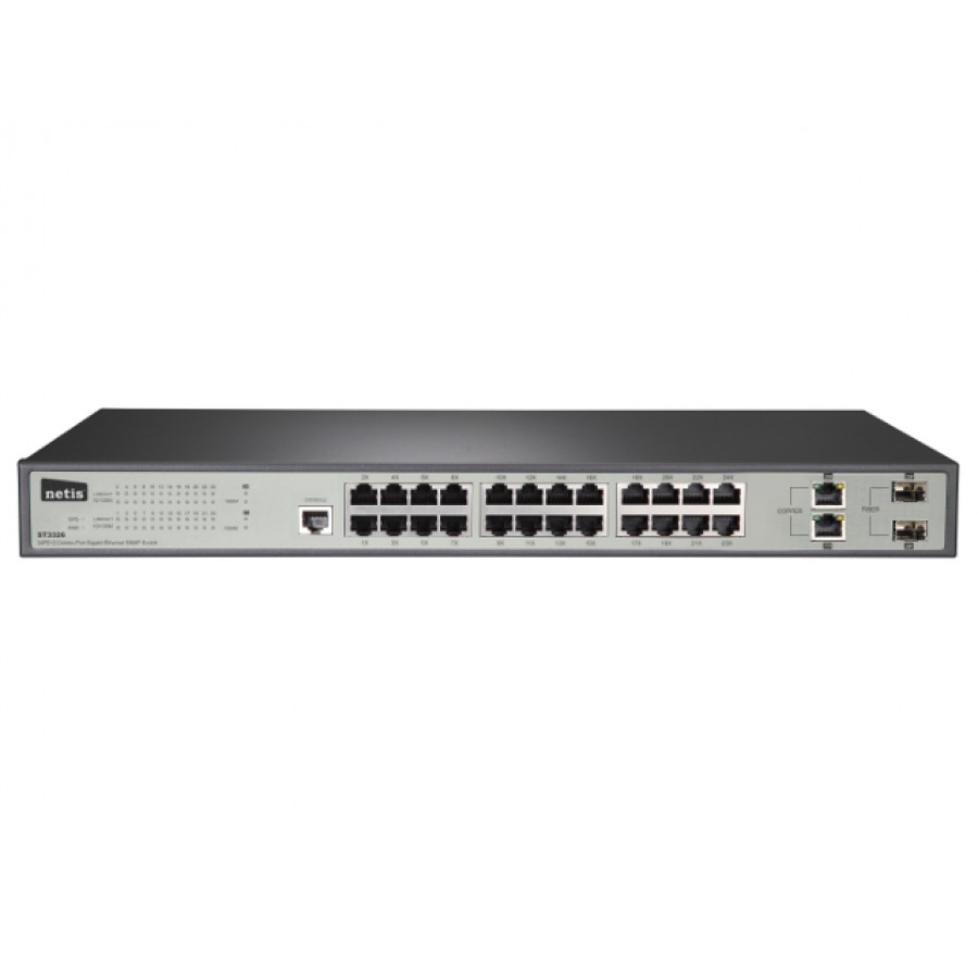 Switch Rack 19" 24-Port 100mb + 2 Porty Combo 1gb/Sfp, Zarządzany Snmp, Netis St3326