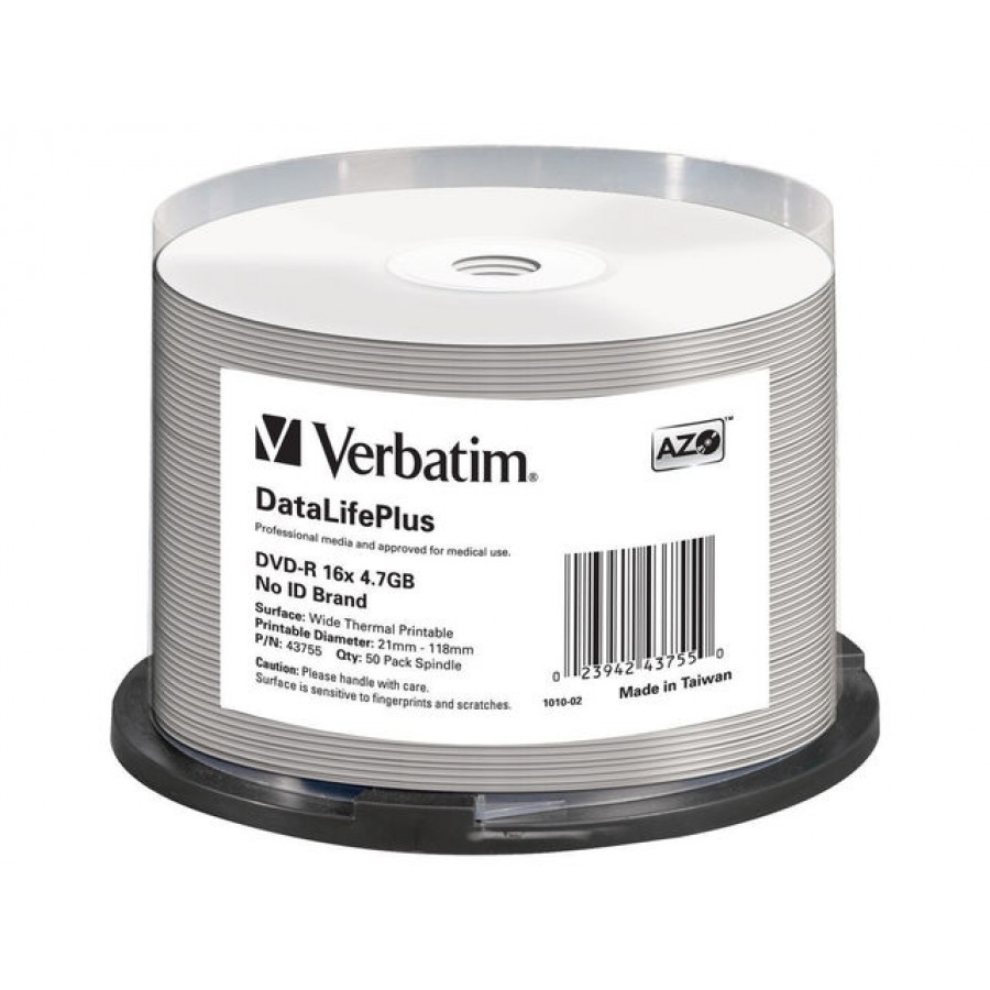 DVD-R Verbatim 4.7GB X16 Azo Dl+ Printable Thermal 50 Cake No Id Brand