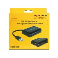 Hub USB 3.0 3-Porty +PORT Gigabit Lan + Zasilacz Delock