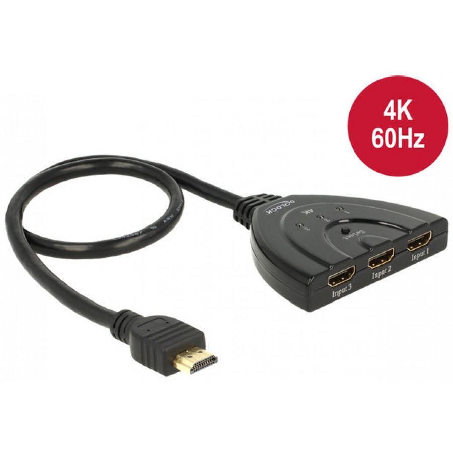 Przełącznik HDMI 3 Urządzenia Czarny 4k 50cm Delock