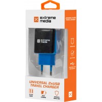 Ładowarka Adapter Napięcia 230v->USB 5V/2,1A 2-Porty Czarno-Niebieska Box Extreme Media