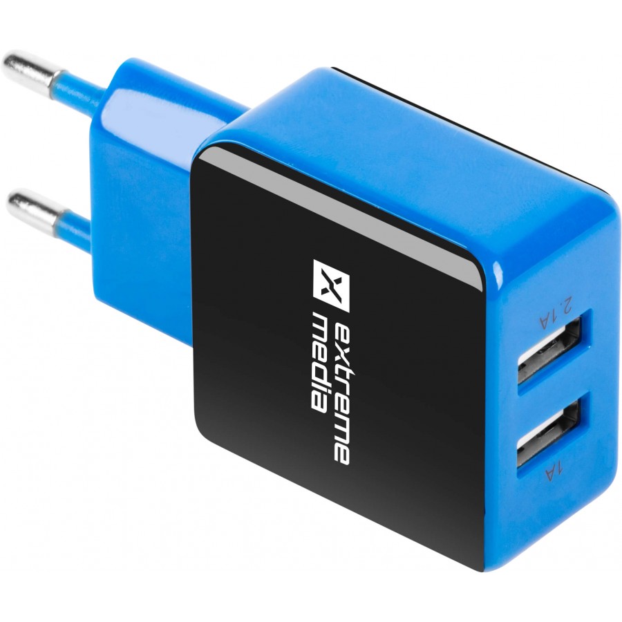 Ładowarka Adapter Napięcia 230v->USB 5V/2,1A 2-Porty Czarno-Niebieska Box Extreme Media