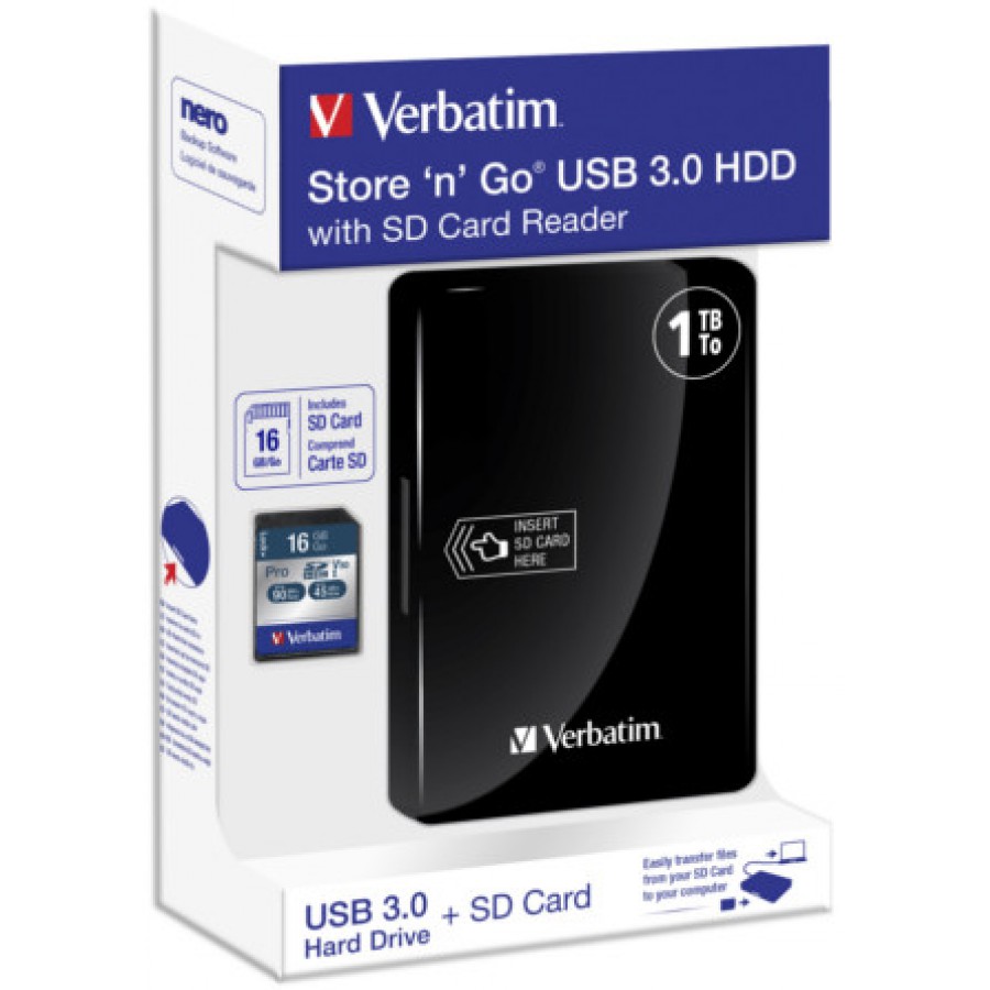 Dysk Zewnętrzny Verbatim Store N Go HDD 1TB 2.5" USB 3.0 Czarny+ Czytnik Kart + Karta SD 16GB