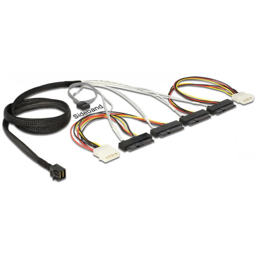 Kabel Sas Mini Hd Sff-8643(M)->4x Sas Sff-8482 29 Pin(F)+2x Molex(M) 50cm Sideband Delock