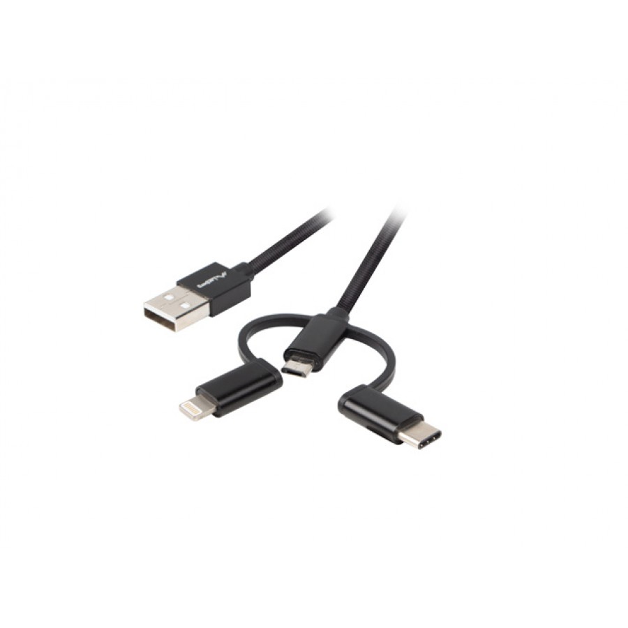 Kabel 3in1 USB-A(M)->Micro-B(M)+Lightning(M)+USB-C(M) 2.0 1.8 Black Premium Lanberg