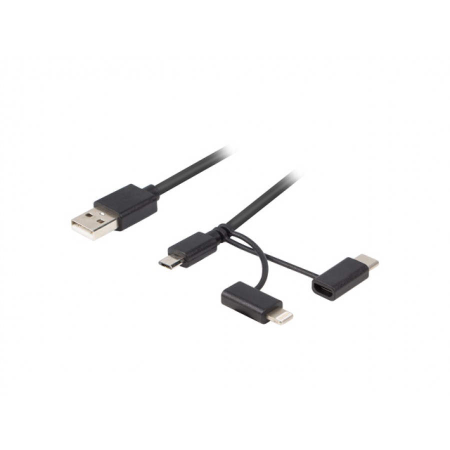 Kabel 3in1 USB-A(M)->Micro-B(M)+Lightning(M)+USB-C(M) 2.0 1.8m Czarny PVC Tylko Ładowanie Lanberg