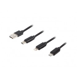 Kabel Combo USB-A(M)->Micro-B(M)+Lightning(M)+USB-C(M) 2.0 1.8m Czarny Premium Lanberg