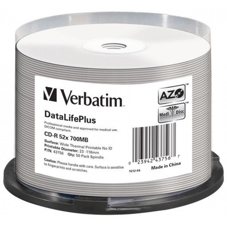 C-DR Verbatim 700MB DL+ Azo Thermal Printable Medi Disc Cake 50 No ID