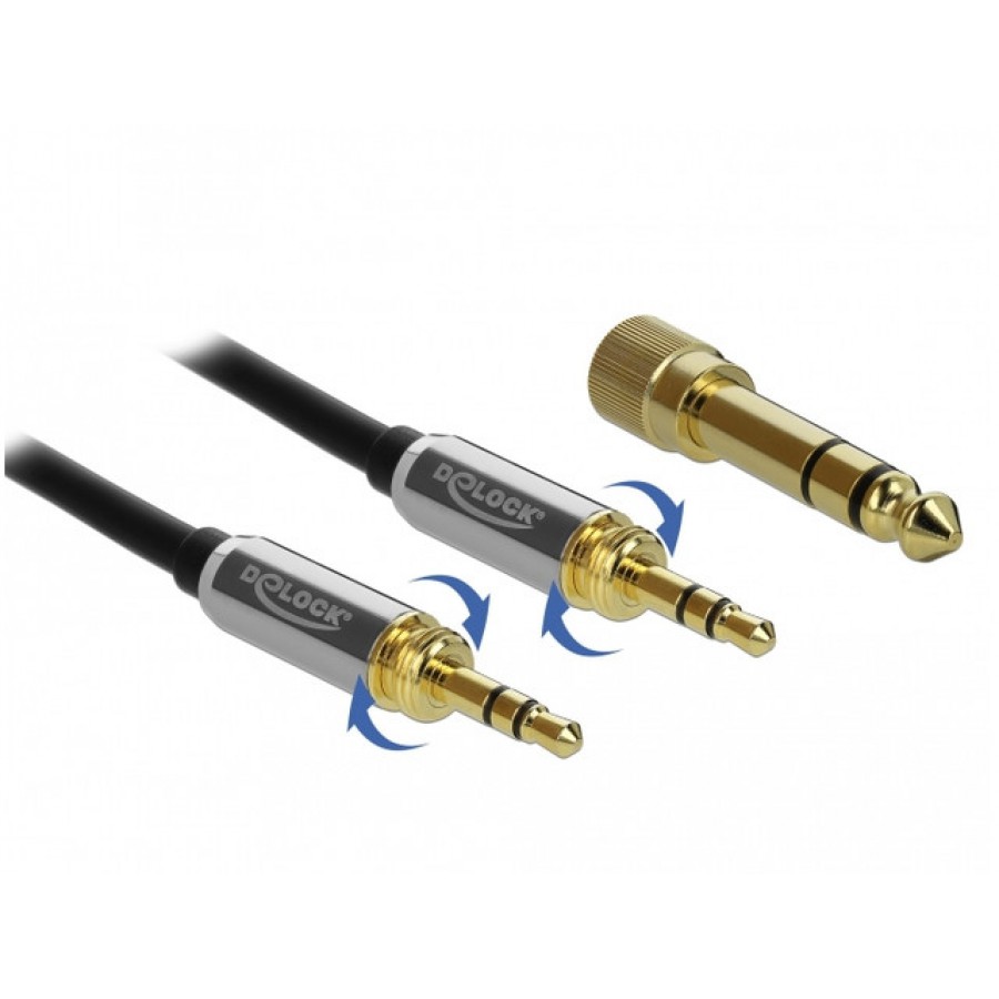 Kabel Audio Minijack 3.5mm M/M 3 Pin + 2x Przejściówka Nakręcana Jack 6.35mm 1m Czarny Delock