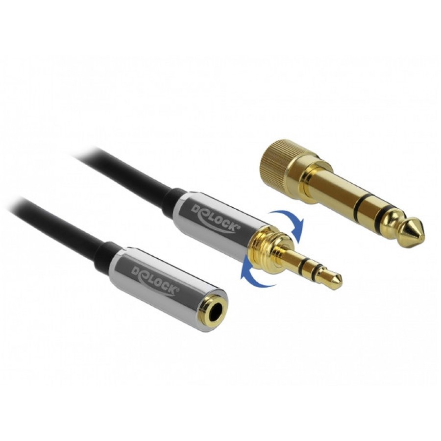 Przedłużacz Audio Minijack 3.5mm M/F 3 Pin + Przejściówka Nakręcana Jack 6.35mm 1m Czarny Delock