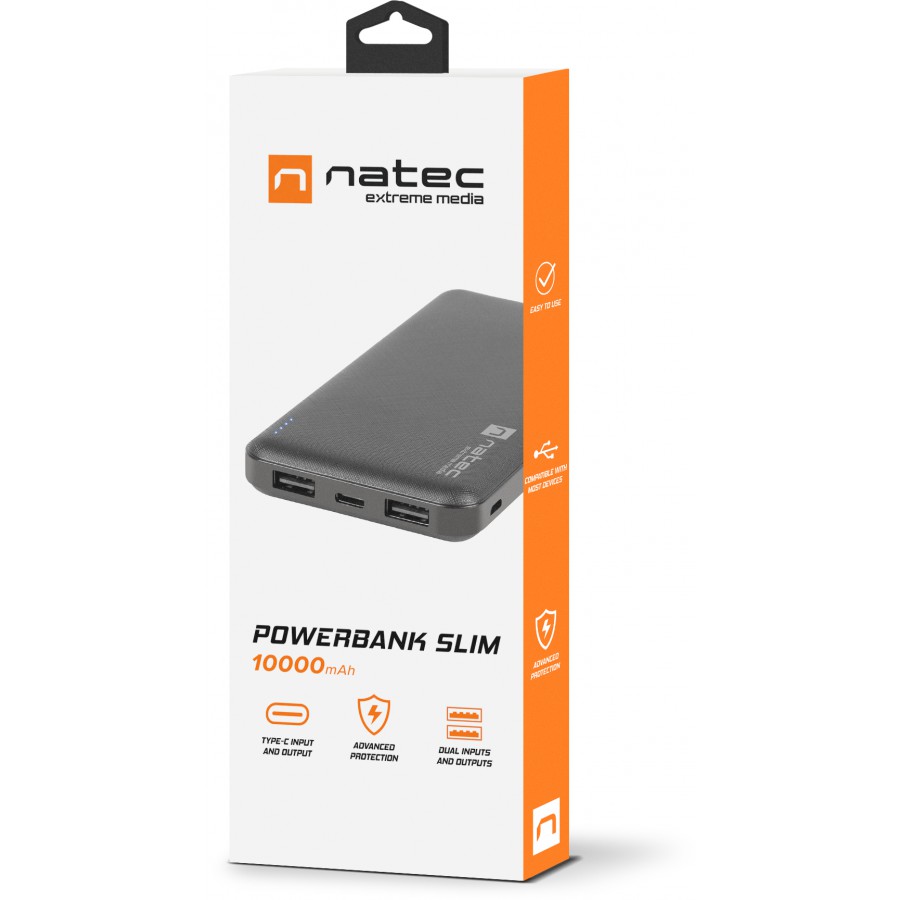 Power Bank Natec Extreme Media Trevi Slim 10000mAh 2x USB-A + 1x USB-C Czarny