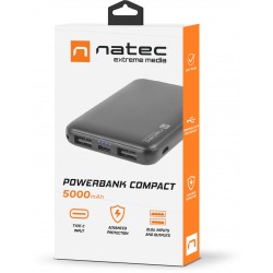 Power Bank Natec Extreme Media Trevi Compact 5000mAh 2x USB-A + 1x USB-C Czarny