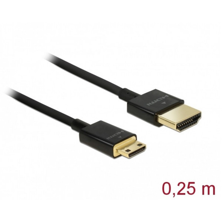 Kabel HDMI(M)->HDMI Mini(M) 0.25m 4k 60hz 3d Czarny Slim Premium Delock