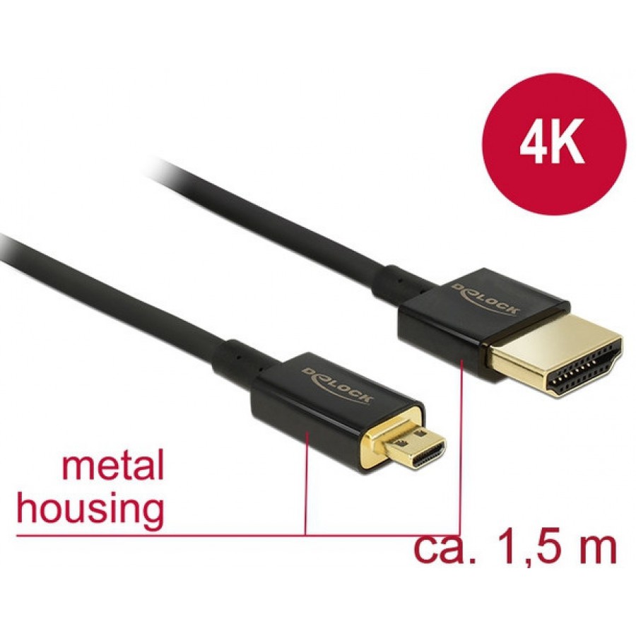 Kabel HDMI(M)->HDMI Micro(M) 1.5m 4k 60hz 3d Czarny Slim Premium Delock