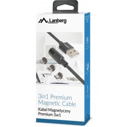 Kabel Combo USB-A(M)->USB Micro(M)+Lightning(M)+USB-C(M) 2.0 1m Czarny QC 3.0 Magnetyczny Lanberg