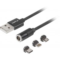 Kabel Combo USB-A(M)->USB Micro(M)+Lightning(M)+USB-C(M) 2.0 1m Czarny QC 3.0 Magnetyczny Lanberg