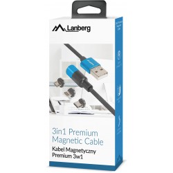 Kabel Combo USB-A(M)->USB Micro(M)+Lightning(M)+USB-C(M) 2.0 1m Czarno-Niebieski QC 3.0 Magnetyczny