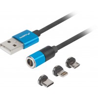 Kabel Combo USB-A(M)->USB Micro(M)+Lightning(M)+USB-C(M) 2.0 1m Czarno-Niebieski QC 3.0 Magnetyczny