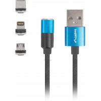 Kabel Combo USB-A(M)->USB Micro(M)+Lightning(M)+USB-C(M) 2.0 1m Czarno-Niebieski QC 3.0 Magnetyczny