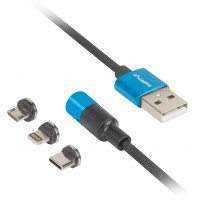 Kabel Combo USB-A(M)->USB Micro(M)+Lightning(M)+USB-C(M) 2.0 1m Czarno-Niebieski QC 3.0 Magnetyczny